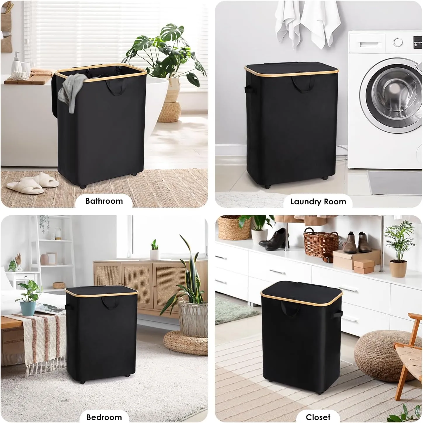 WELTRXE Laundry Basket with Wheels, 150L Extra Large Laundry Hamper, Collapsible & Waterproof with Lid and 2 Removable Inner Bag, for Laundry Room, Bedroom, Dormitory Storage, Black