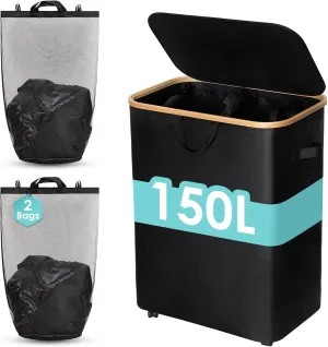 WELTRXE Laundry Basket with Wheels, 150L Extra Large Laundry Hamper, Collapsible & Waterproof with Lid and 2 Removable Inner Bag, for Laundry Room, Bedroom, Dormitory Storage, Black