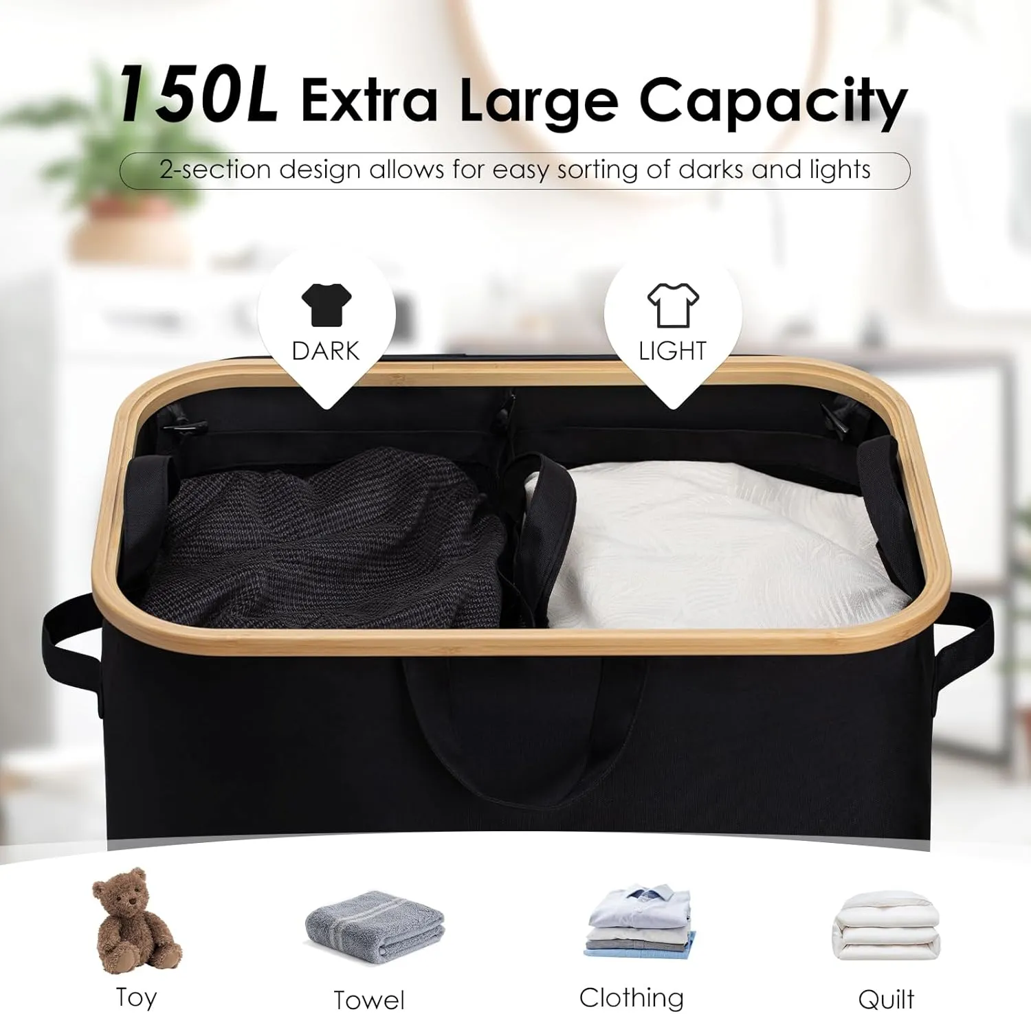 WELTRXE Laundry Basket with Wheels, 150L Extra Large Laundry Hamper, Collapsible & Waterproof with Lid and 2 Removable Inner Bag, for Laundry Room, Bedroom, Dormitory Storage, Black