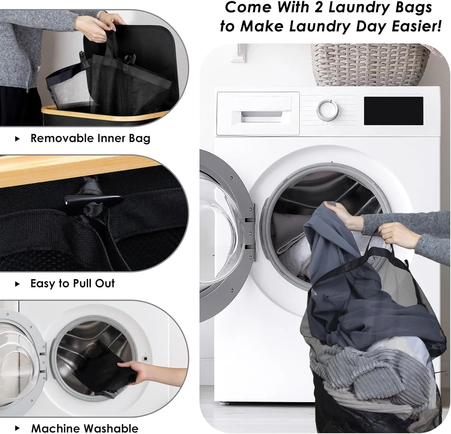WELTRXE Laundry Basket with Wheels, 150L Extra Large Laundry Hamper, Collapsible & Waterproof with Lid and 2 Removable Inner Bag, for Laundry Room, Bedroom, Dormitory Storage, Black