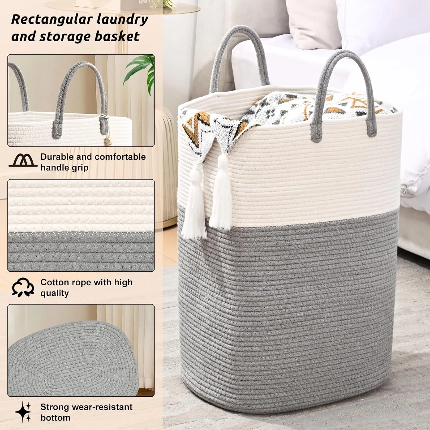 WENMER Woven Laundry Basket for Clothes, 65L Large Rectangle Laundry Hampers, Nursery Storage Basket for Baby Toys, Tall Dirty Clothes Hamper for Bedroom Aesthetic, Laundry Room Organization