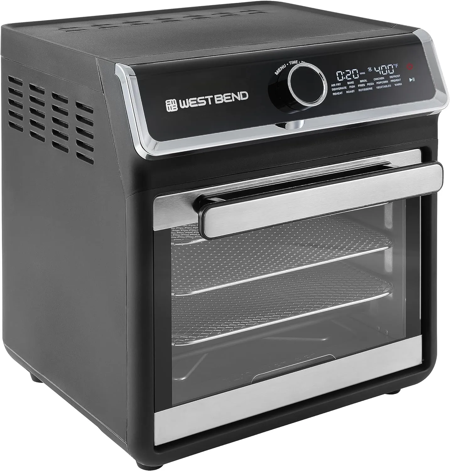 West Bend Air Fryer Oven 15-Quart Capacity with Digital Controls Easy-View Door and 16 Cooking Presets, Includes Eight Cooking Accessories, 1000-Watts, Black