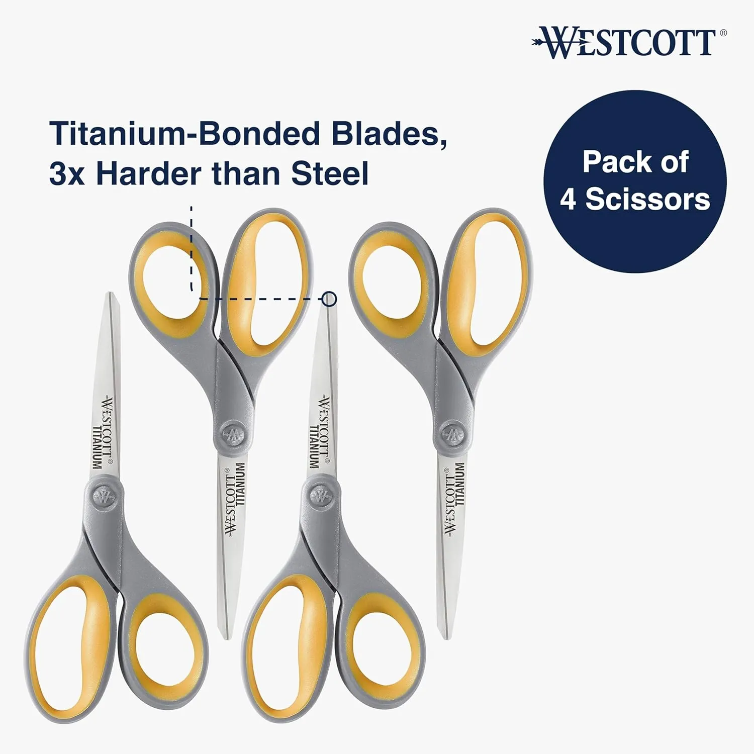 Westcott 8-Inch Titanium Bonded Scissors, Soft Handle, Straight Heavy Duty Scissors, Gray/Yellow, 4-Pack