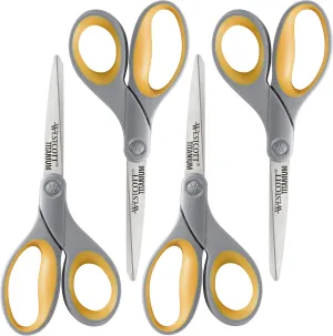 Westcott 8-Inch Titanium Bonded Scissors, Soft Handle, Straight Heavy Duty Scissors, Gray/Yellow, 4-Pack