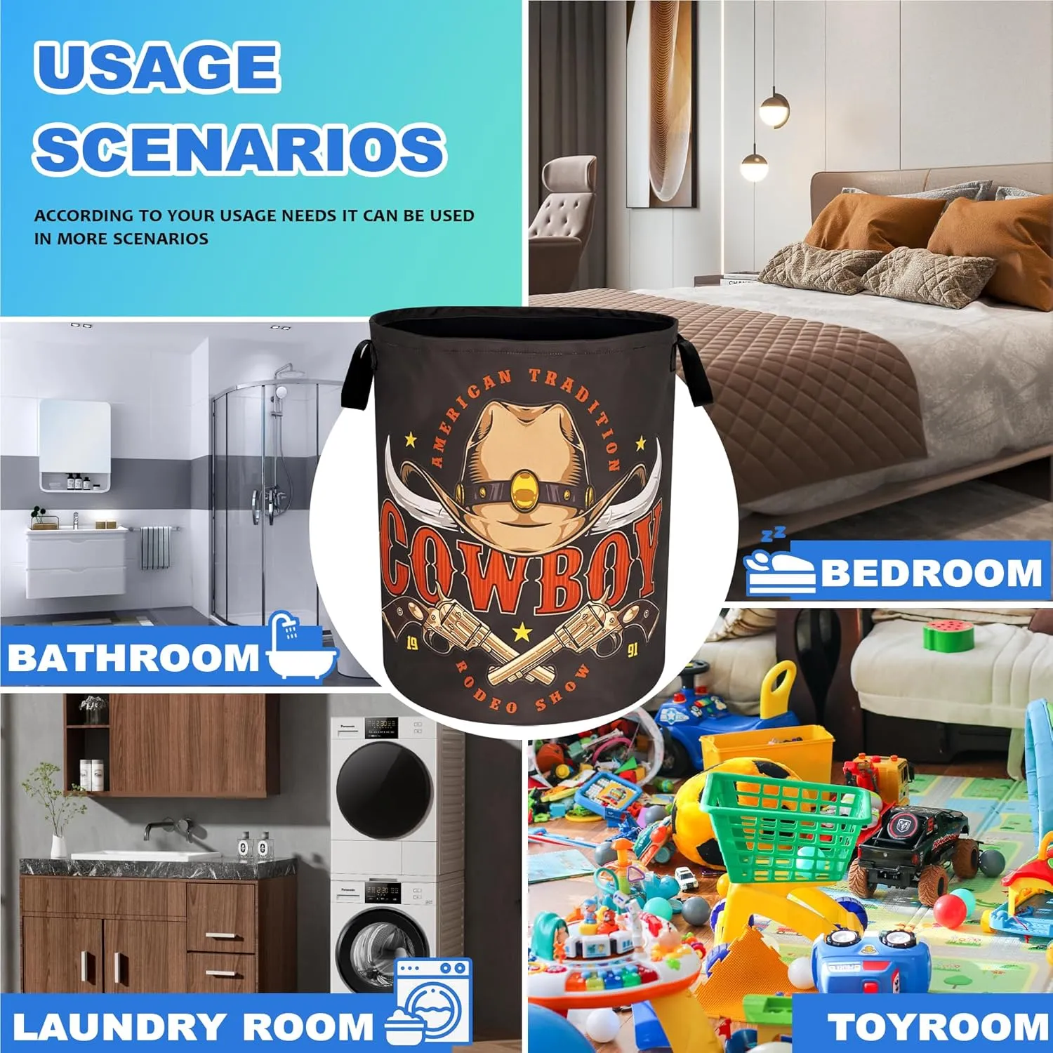 Western Cowboy Laundry Basket Cowboy Hat Oxford Cloth Laundry Hamper With Handle Foldable Portable Clothes Storage Basket 18.9 X 16.5 Inch Storage Bag For Laundry Room/Bathroom/Bedroom/Dormitories