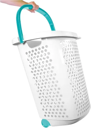 Wheeled Design Clothes Laundry Basket, 70.52 Liter Capacity Mind Reader Basket Collection, 2 Bushel Rolling Plastic Laundry Hamper with Pop-up Handle, White, Large