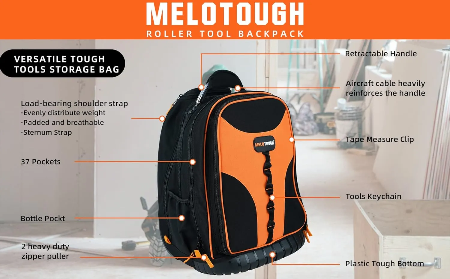 Wheeled Rolling Tool Bag Backpack, Heavy Duty Tradesman Pro Tool Backpack Organizer with 37 Pockets and Large Interior, Water Resistant(Orange)