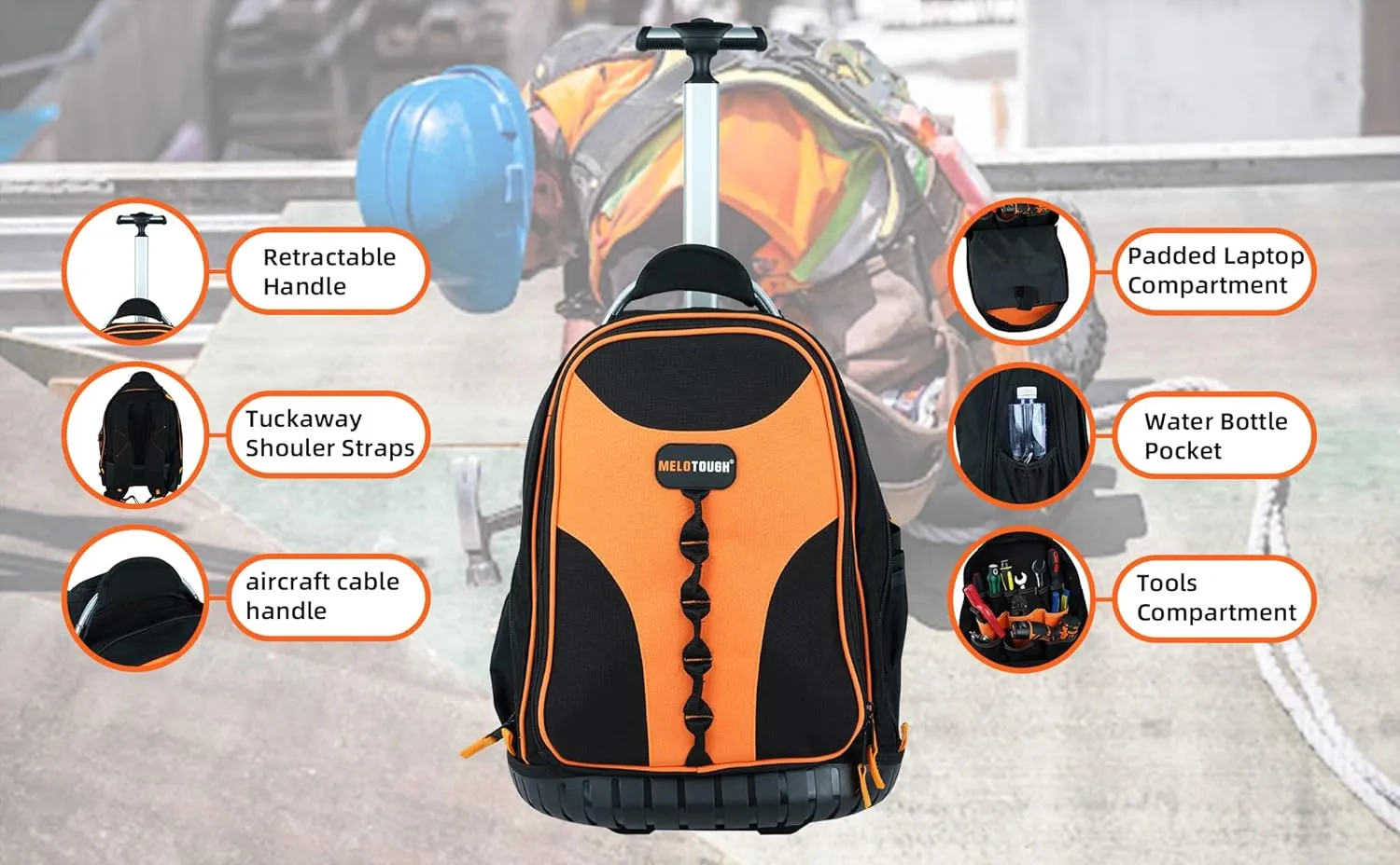 Wheeled Rolling Tool Bag Backpack, Heavy Duty Tradesman Pro Tool Backpack Organizer with 37 Pockets and Large Interior, Water Resistant(Orange)