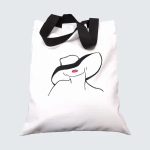 White Canvas Linen Summer Tote Bag with Stylish Lady in Hat Embroidery | Beach, Nigh Out or Travel Accessory