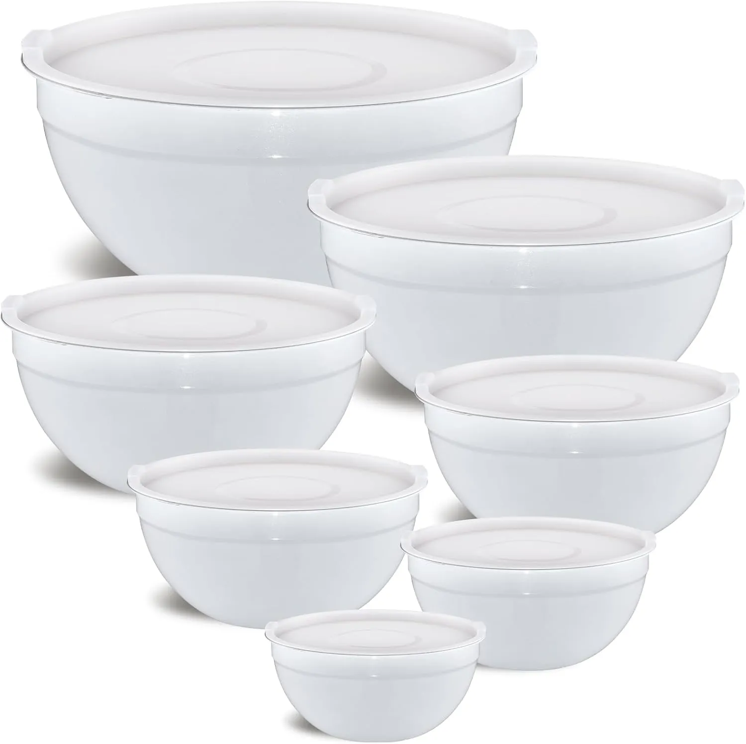 White Mixing Bowls with Airtight Lids, Stainless Steel Nesting Mixing Bowls Set of 7, Ideal for Baking, Prepping and Serving Food, Size 7, 3.6, 2.7, 2.1, 1.5, 1.1,0.8 QT, Stackable Design