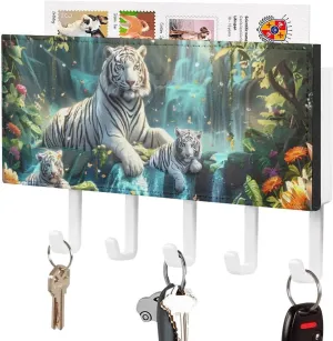 White Tiger Waterfalls Novelty Key Holder Printed Keys Hook Mail Organizer Hanging Rack Decor with 5 Hooks for Wall
