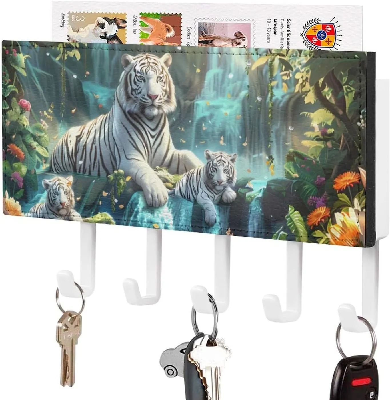 White Tiger Waterfalls Novelty Key Holder Printed Keys Hook Mail Organizer Hanging Rack Decor with 5 Hooks for Wall