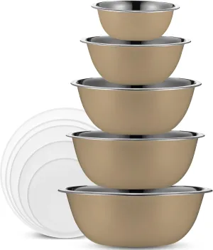 WHYSKO Stainless Steel Mixing Bowl Set, 10 Piece Stainless Steel Mixing Bowls with Lids Set for Food Prep Storage and Serving, Dishwasher Safe Microwave Safe for Kitchen Baking Cooking, Khaki