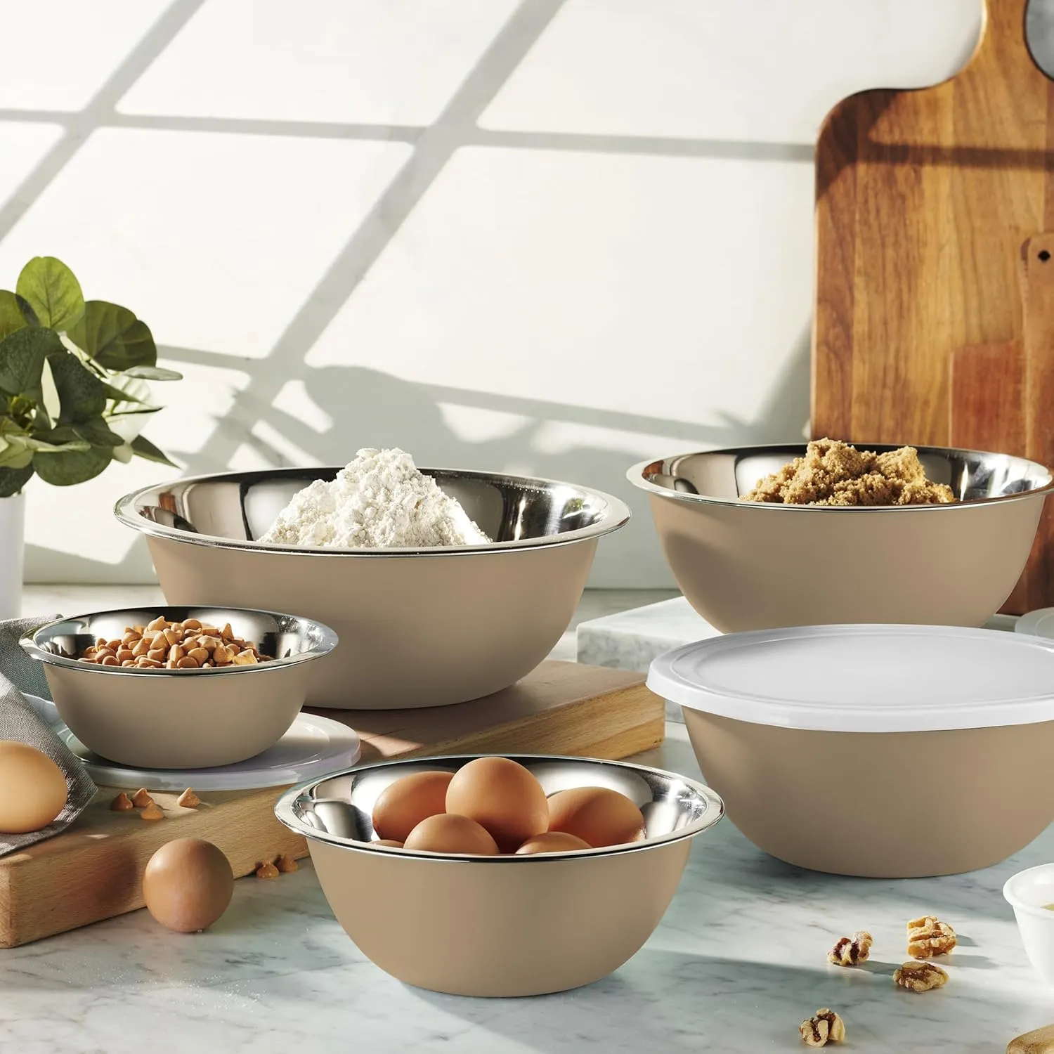 WHYSKO Stainless Steel Mixing Bowl Set, 10 Piece Stainless Steel Mixing Bowls with Lids Set for Food Prep Storage and Serving, Dishwasher Safe Microwave Safe for Kitchen Baking Cooking, Khaki