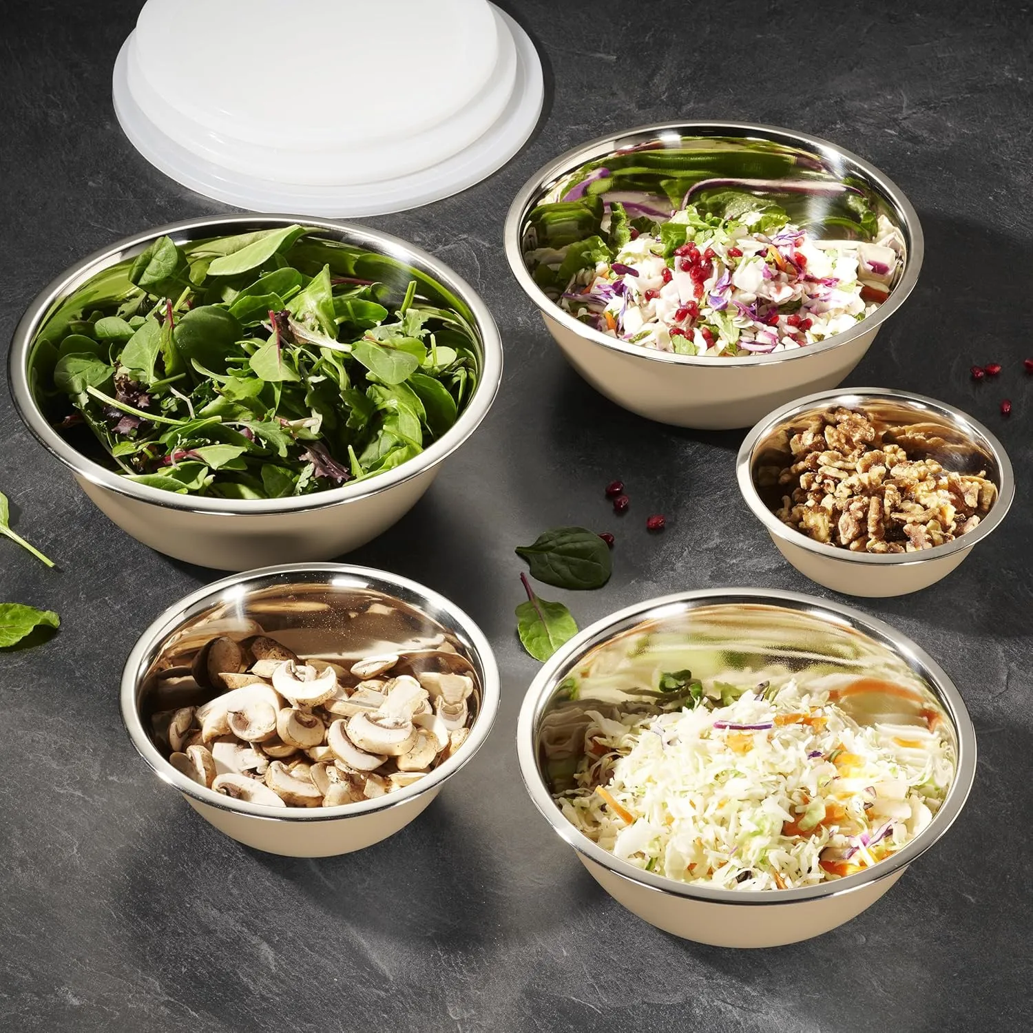 WHYSKO Stainless Steel Mixing Bowl Set, 10 Piece Stainless Steel Mixing Bowls with Lids Set for Food Prep Storage and Serving, Dishwasher Safe Microwave Safe for Kitchen Baking Cooking, Khaki