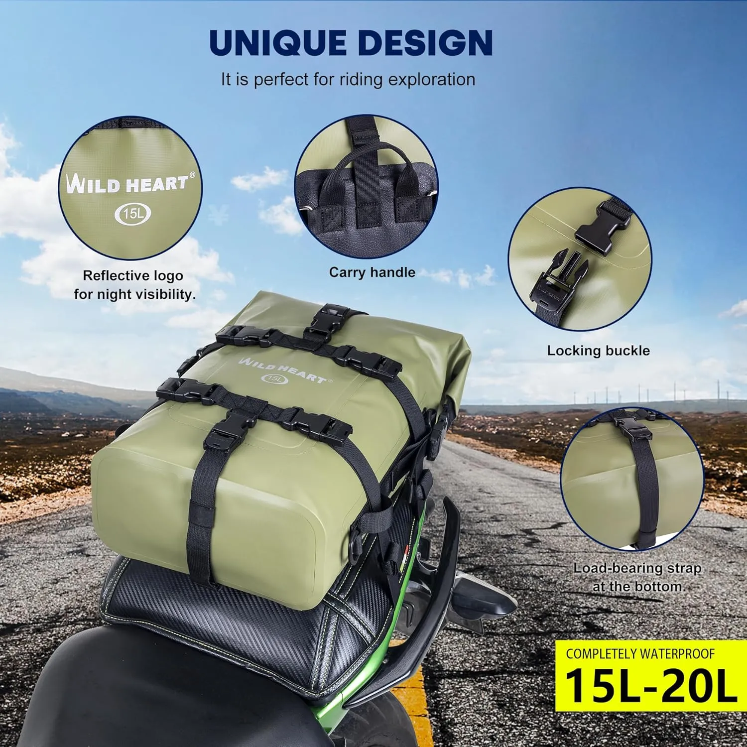 WILD HEART Waterproof Crash Bar Bags 6L/8L/15L Motorcycle Bag used as Motorcycle Luggage Sissy Bar Back Seat Saddle Rack Rear Fender Pouch Dirt Bike Gear Side Tool Bag Pack for moto ATV