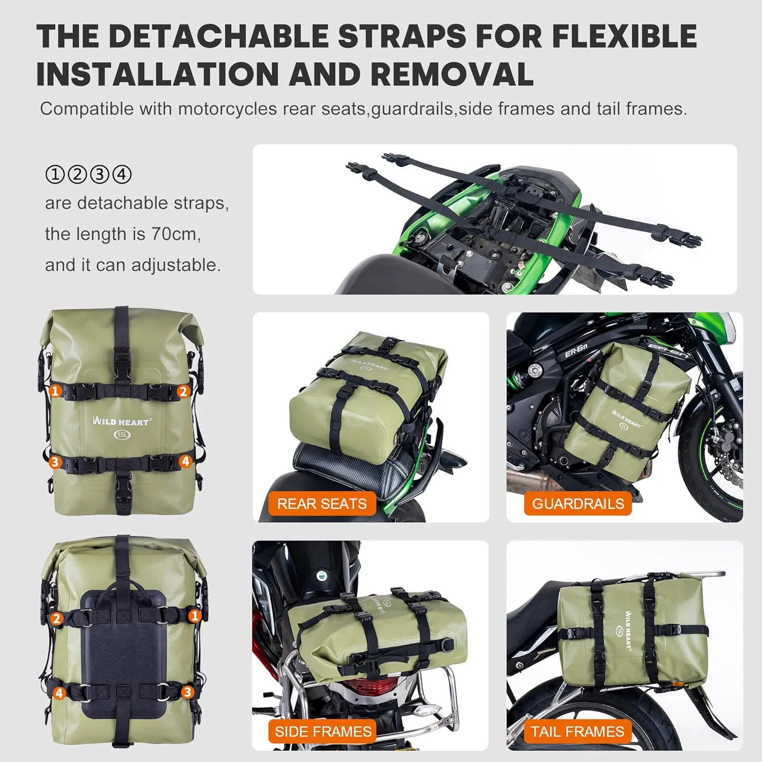 WILD HEART Waterproof Crash Bar Bags 6L/8L/15L Motorcycle Bag used as Motorcycle Luggage Sissy Bar Back Seat Saddle Rack Rear Fender Pouch Dirt Bike Gear Side Tool Bag Pack for moto ATV
