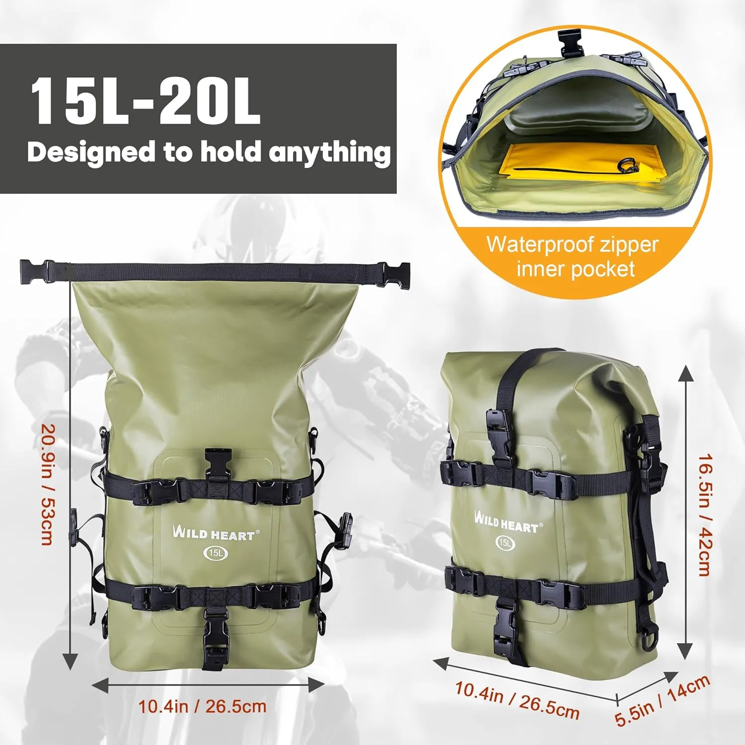 WILD HEART Waterproof Crash Bar Bags 6L/8L/15L Motorcycle Bag used as Motorcycle Luggage Sissy Bar Back Seat Saddle Rack Rear Fender Pouch Dirt Bike Gear Side Tool Bag Pack for moto ATV