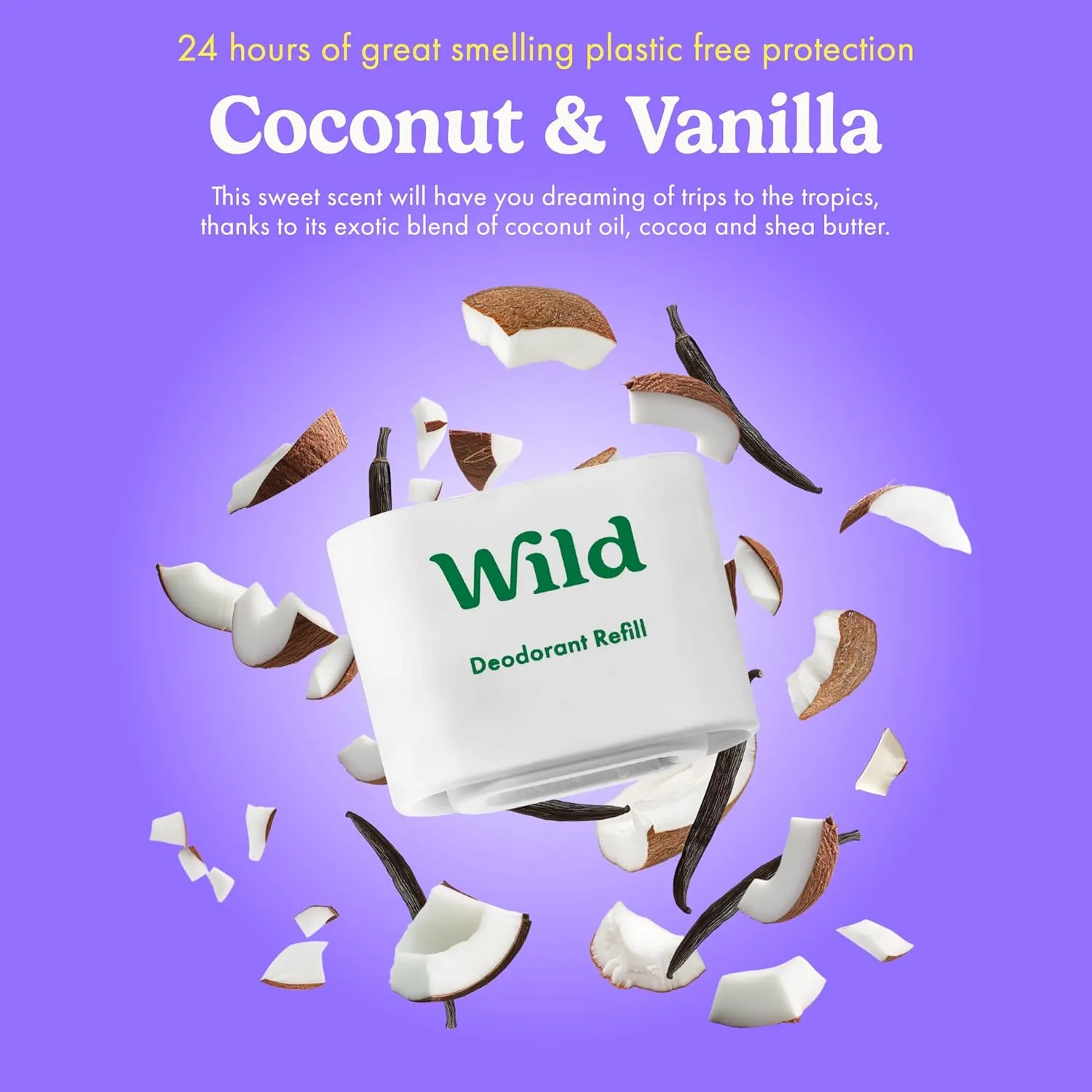 Wild - Purple Case with Refill Variety Pack - Refillable Deodorant - Aluminum Free - Includes Fresh Cotton & Sea Salt, Cherry Blossom and Coconut & Vanilla Scents - Vegan