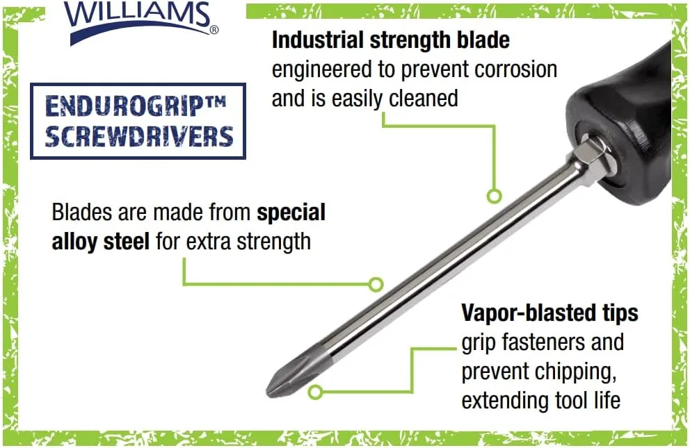 Williams 8-Piece Endurogrip Multi-Size Screwdriver Set, Keystone Slots Hex Bolster & Phillips, Comfort Grip Prevents Slippage, Extra Strength Steel Chrome Blades