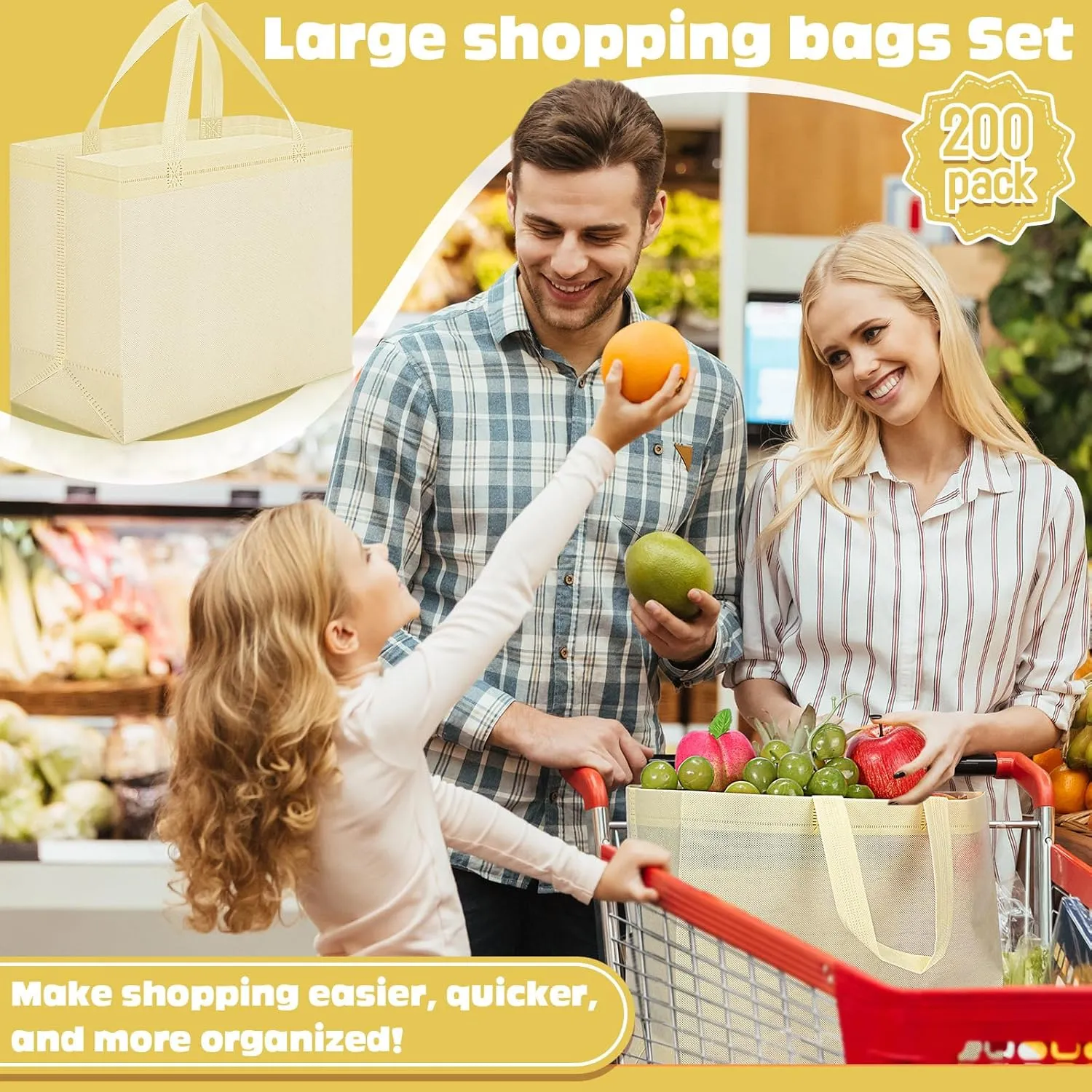 Windyun 200 Pcs Reusable Grocery Bags Large Non Woven Shopping Bags Foldable Portable Tote Carryall Bulk(Beige)