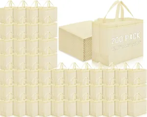 Windyun 200 Pcs Reusable Grocery Bags Large Non Woven Shopping Bags Foldable Portable Tote Carryall Bulk(Beige)