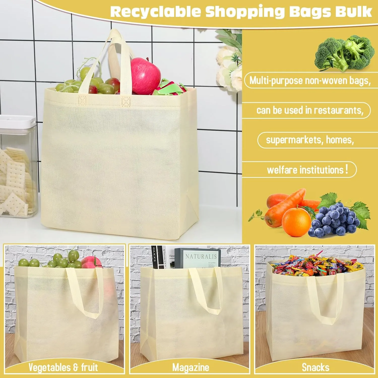 Windyun 200 Pcs Reusable Grocery Bags Large Non Woven Shopping Bags Foldable Portable Tote Carryall Bulk(Beige)