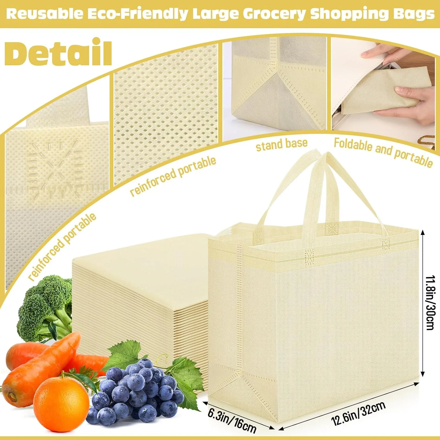 Windyun 200 Pcs Reusable Grocery Bags Large Non Woven Shopping Bags Foldable Portable Tote Carryall Bulk(Beige)