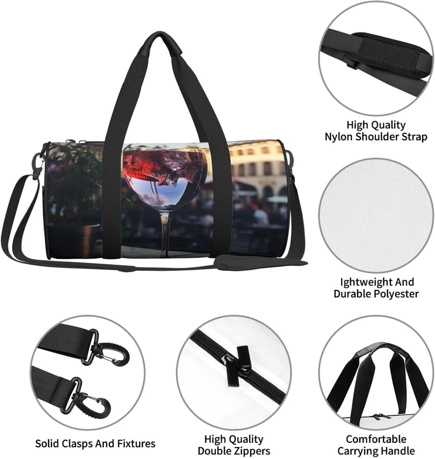 Wine glass Travel Duffle Bag for Men Women Sport Gym Bag Foldable Weekender Bag Carry on Overnight Bag for Travel Swimming Basketball