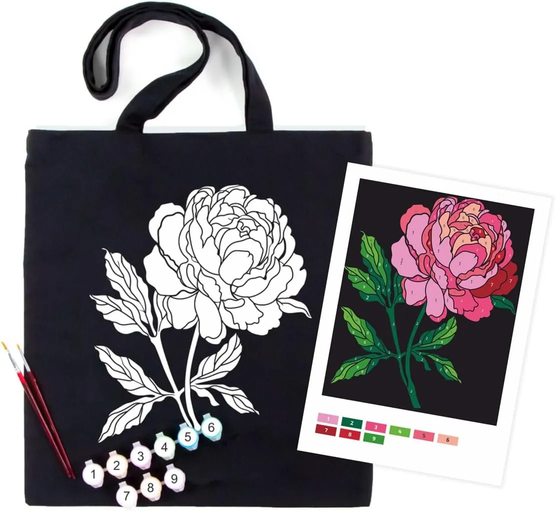 Wise Elk ROSA Talent Black Eco Bag Coloring Kit – DIY Hand-Painted Cotton Tote Bag with Acrylic Paints – Durable & Stylish Reusable Bag – Multiple Designs Available (Tender Peony)