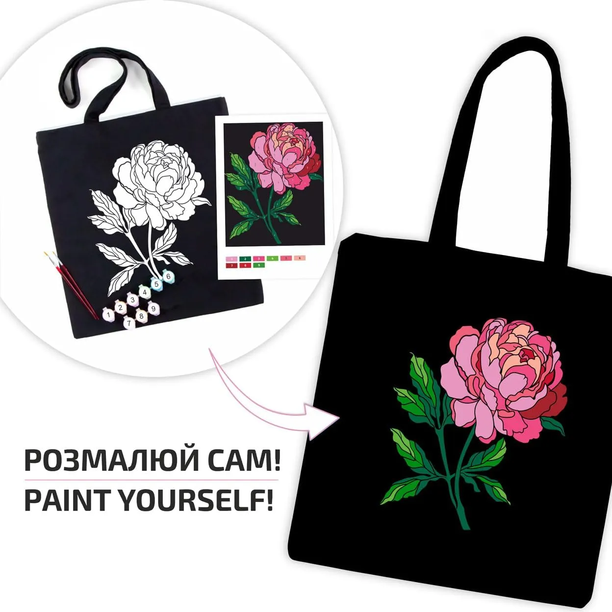 Wise Elk ROSA Talent Black Eco Bag Coloring Kit – DIY Hand-Painted Cotton Tote Bag with Acrylic Paints – Durable & Stylish Reusable Bag – Multiple Designs Available (Tender Peony)