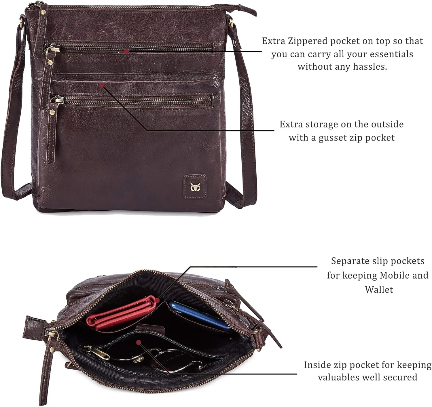 Wise Owl Accessories Small Crossbody Bags for Women Real Leather Purse Handbags Crossover Over the Shoulder Pocketbook