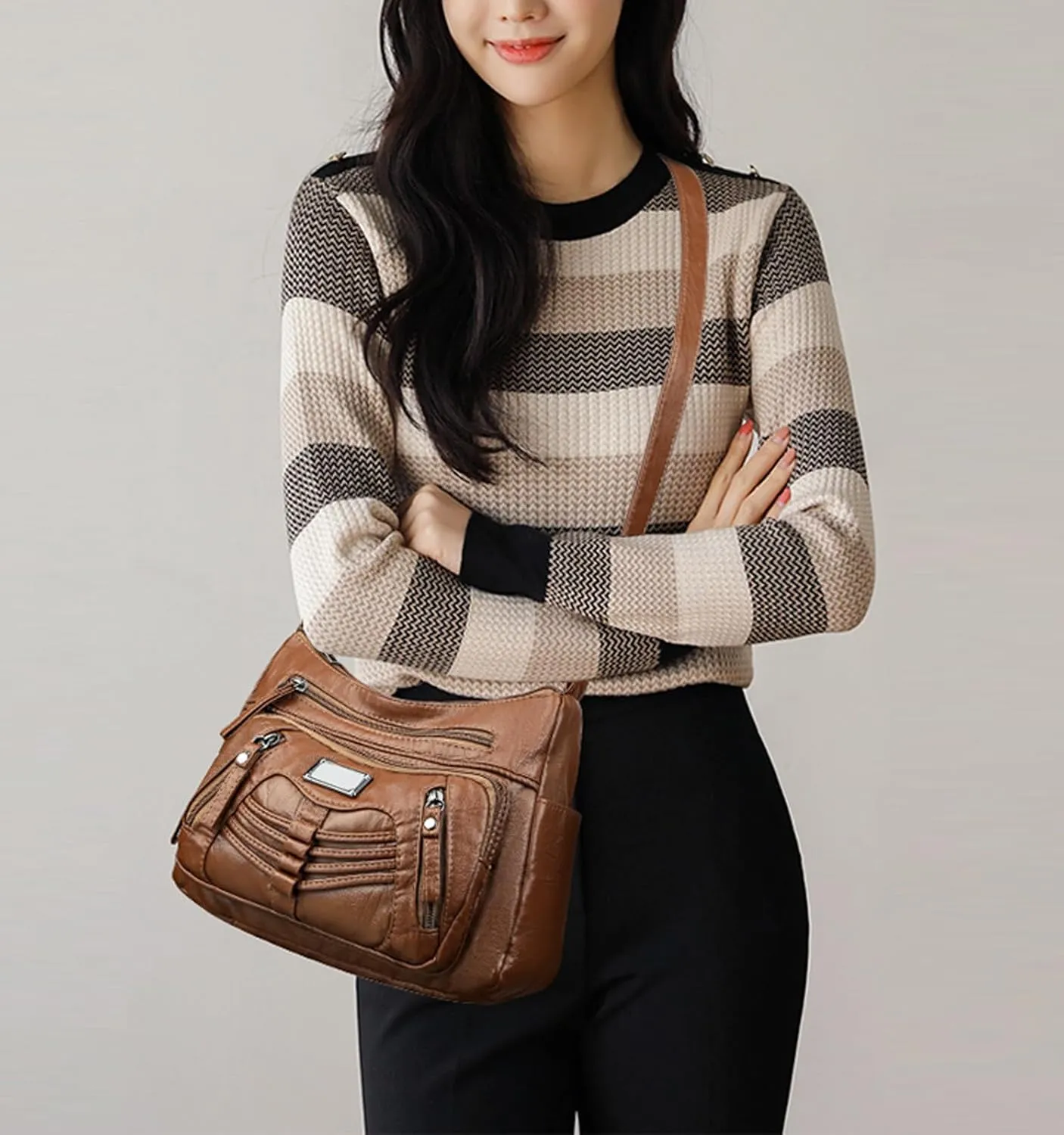 WITERY Crossboby Bag for Women - Soft PU Leather Multi-Pocket Shoulder Bag Handbag with Adjustable Strap