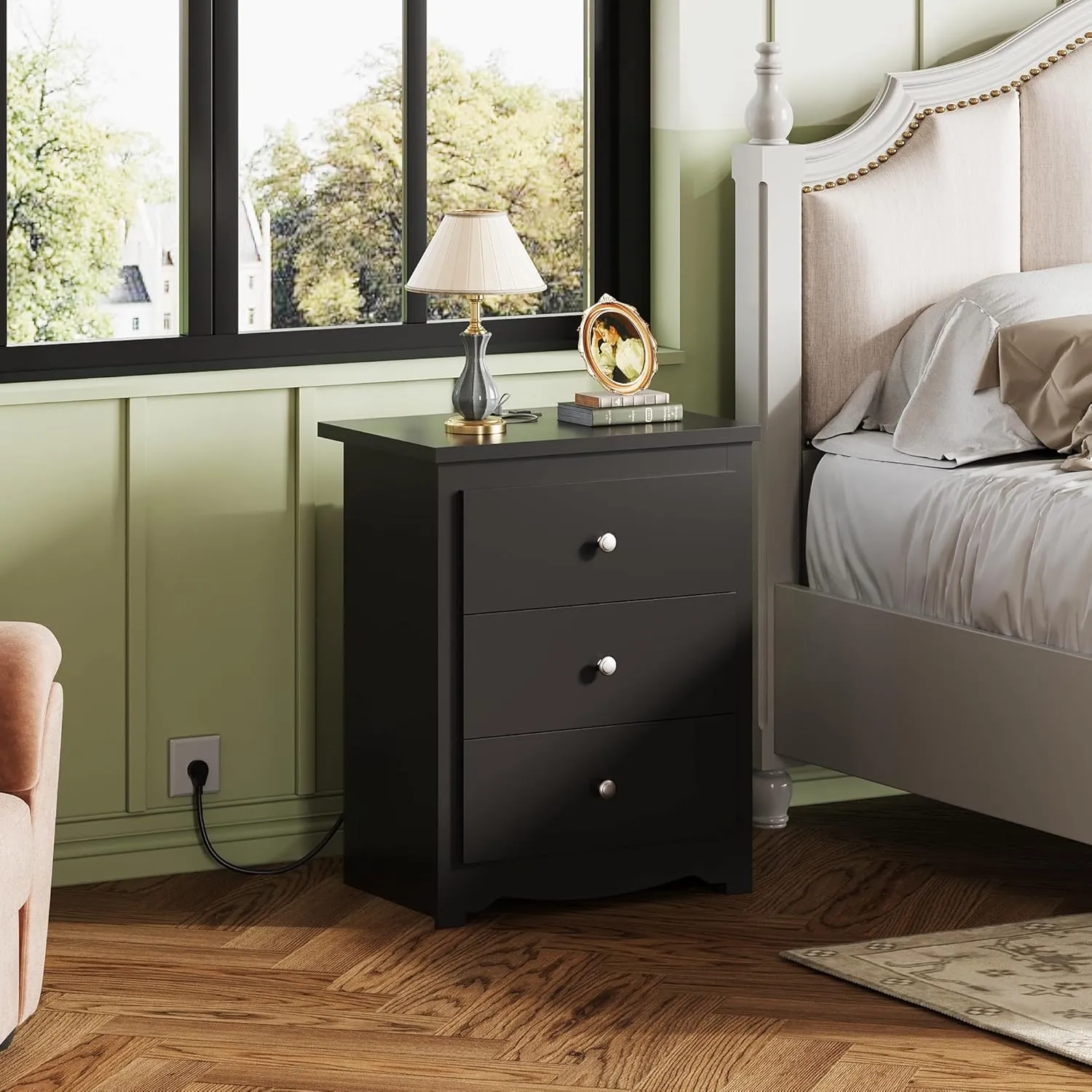 WLIVE Tall Nightstand with Charging Station, Wood Night Stand with 3 Drawers, Black Side Tables Bedroom, Dorm, End Table with 2 USB Ports and 2 AC Outlets