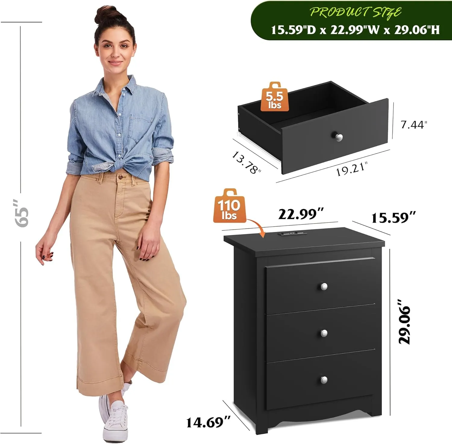 WLIVE Tall Nightstand with Charging Station, Wood Night Stand with 3 Drawers, Black Side Tables Bedroom, Dorm, End Table with 2 USB Ports and 2 AC Outlets