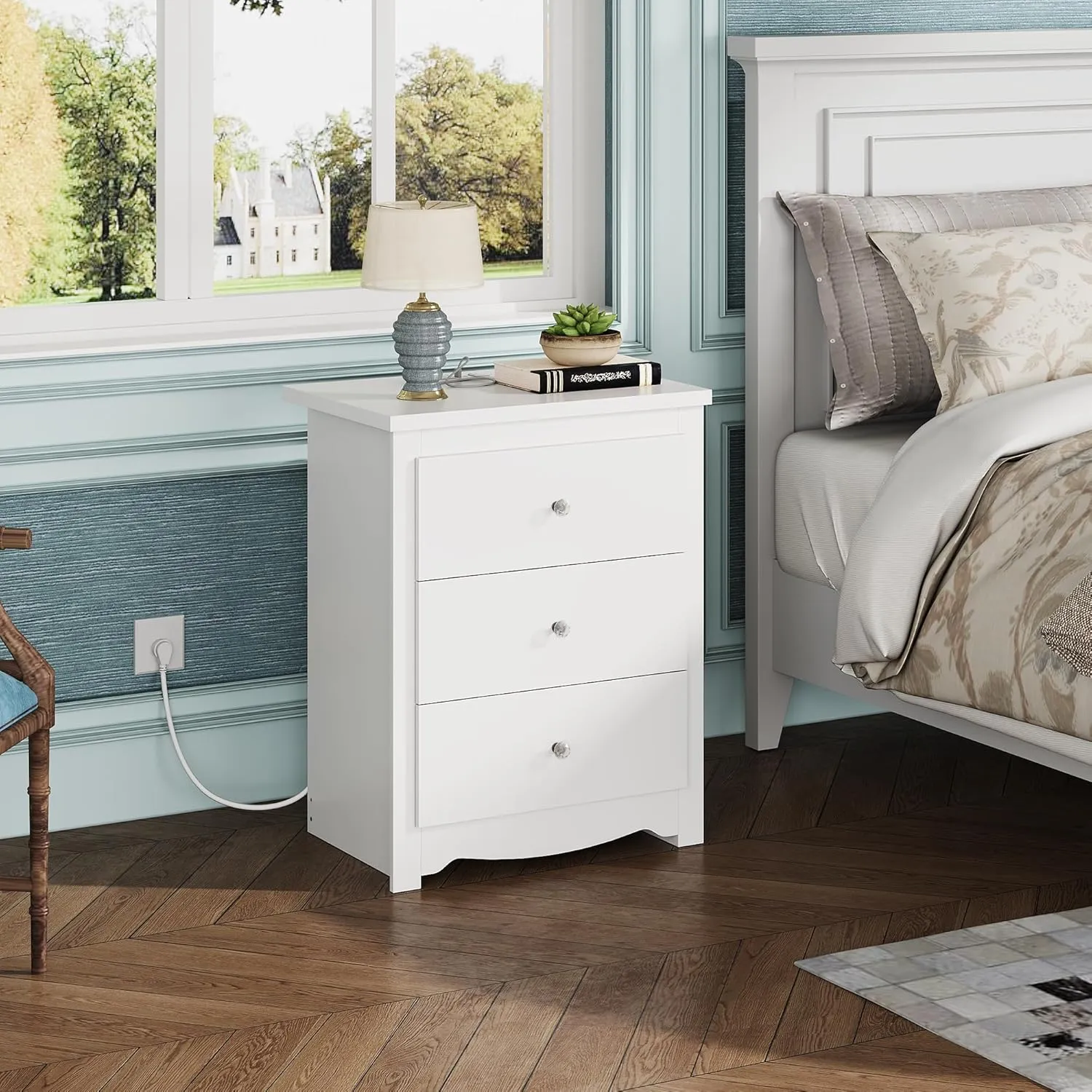 WLIVE Tall Nightstand with Charging Station, Wood Nightstand with 3 Drawers, White Side Tables Bedroom, Dorm, End Table with 2 USB Ports and 2 AC Outlets, Bedside Table
