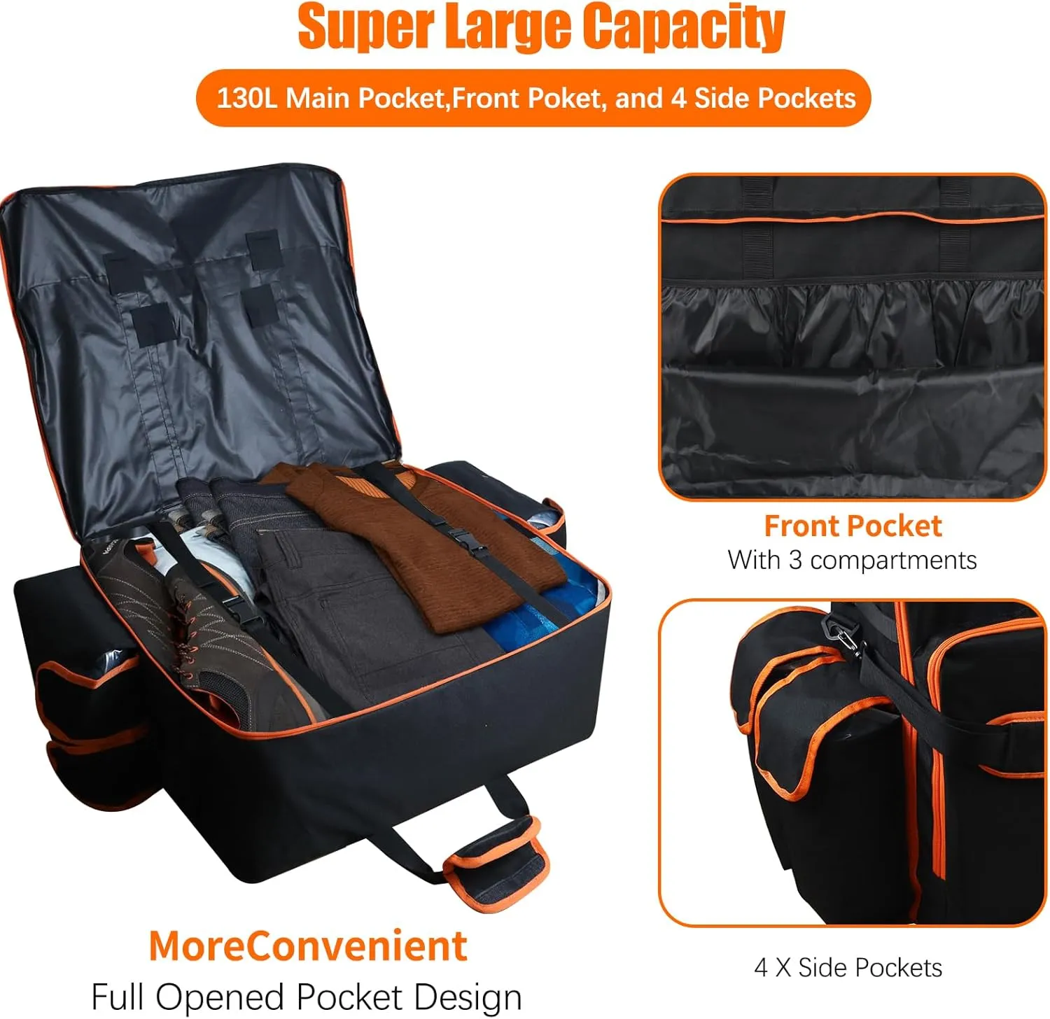 WOMACO Foldable Large Duffle Bag, Heavy Duty Travel Bag with Handles, Water Resistant Huge Camping Duffle Carrying Bag Collapsible Storage Bag (Black (Orange Line), 31.5"L x 10"D x 19.6"H)