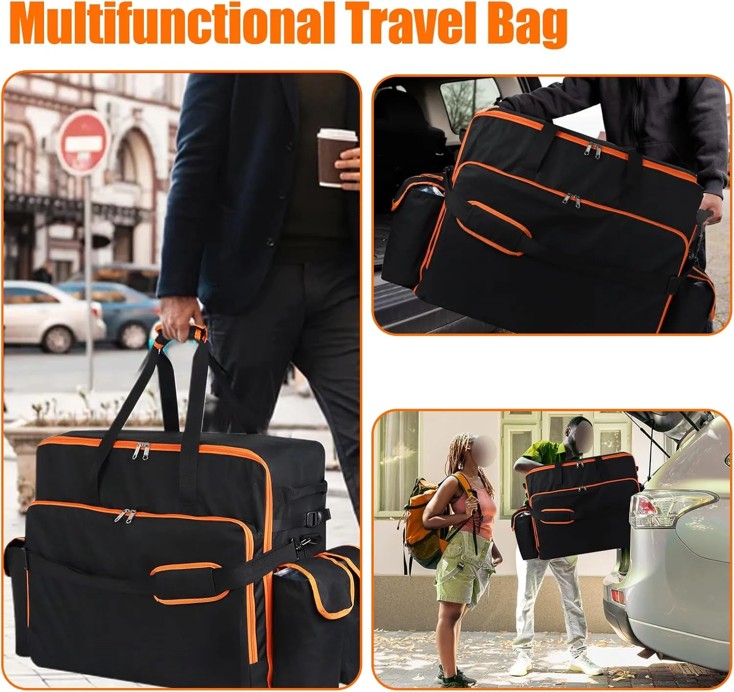 WOMACO Foldable Large Duffle Bag, Heavy Duty Travel Bag with Handles, Water Resistant Huge Camping Duffle Carrying Bag Collapsible Storage Bag (Black (Orange Line), 31.5"L x 10"D x 19.6"H)