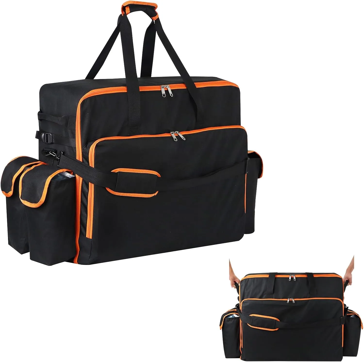 WOMACO Foldable Large Duffle Bag, Heavy Duty Travel Bag with Handles, Water Resistant Huge Camping Duffle Carrying Bag Collapsible Storage Bag (Black (Orange Line), 31.5"L x 10"D x 19.6"H)