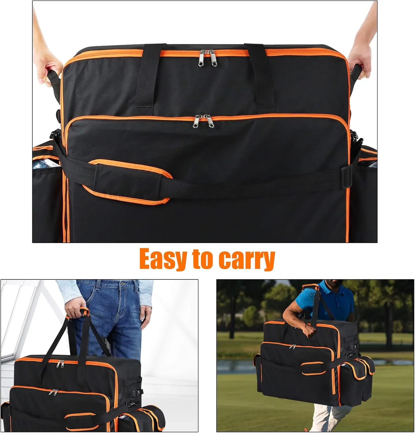 WOMACO Foldable Large Duffle Bag, Heavy Duty Travel Bag with Handles, Water Resistant Huge Camping Duffle Carrying Bag Collapsible Storage Bag (Black (Orange Line), 31.5"L x 10"D x 19.6"H)
