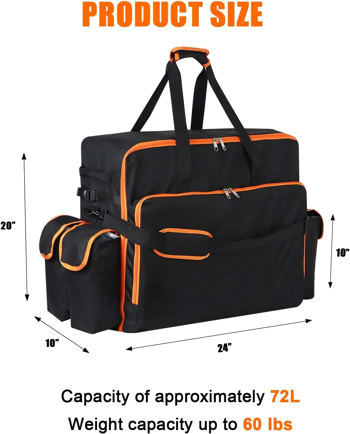 WOMACO Foldable Large Duffle Bag, Heavy Duty Travel Bag with Handles, Water Resistant Huge Camping Duffle Carrying Bag Collapsible Storage Bag (Black (Orange Line), 31.5"L x 10"D x 19.6"H)