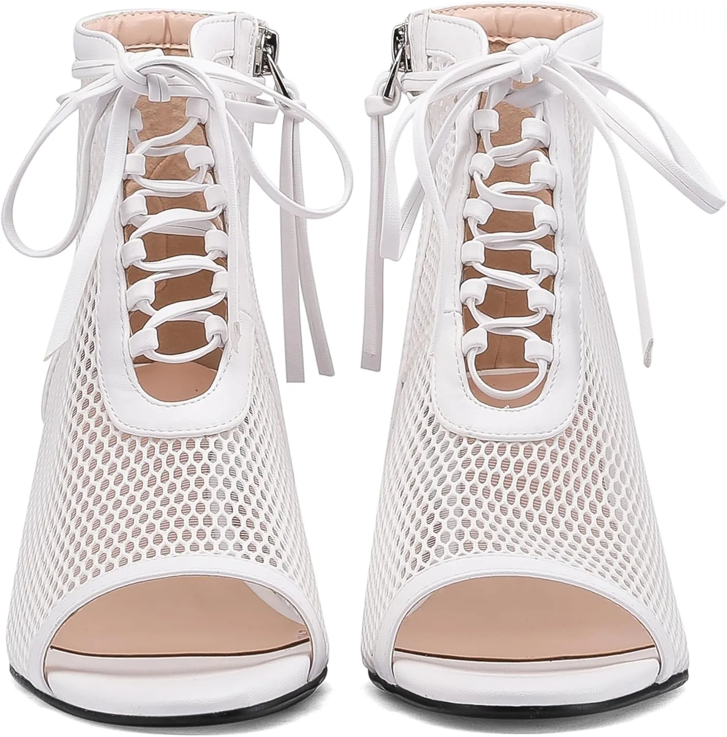 Women's Breathable Mesh Comfortable Open-Toe Booties - 2.5-Inch Block Heel, Side Zipper & Adjustable Lace-Up