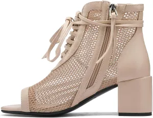 Women's Breathable Mesh Comfortable Open-Toe Booties - 2.5-Inch Block Heel, Side Zipper & Adjustable Lace-Up