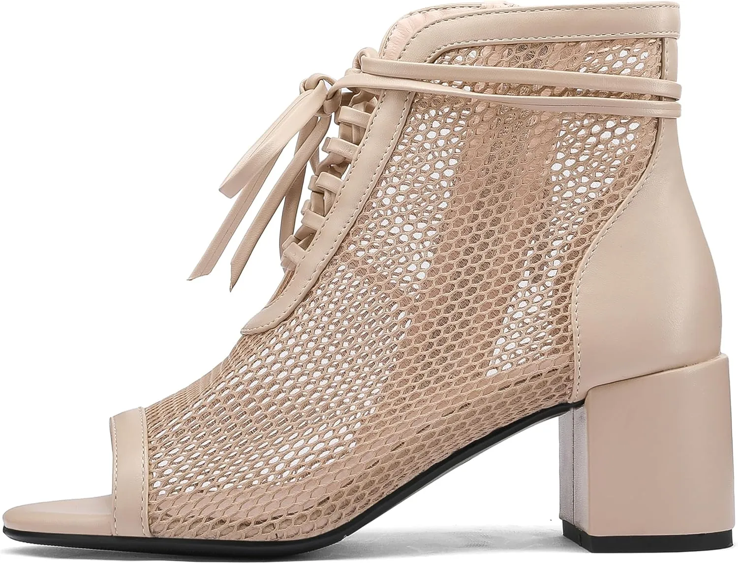 Women's Breathable Mesh Comfortable Open-Toe Booties - 2.5-Inch Block Heel, Side Zipper & Adjustable Lace-Up