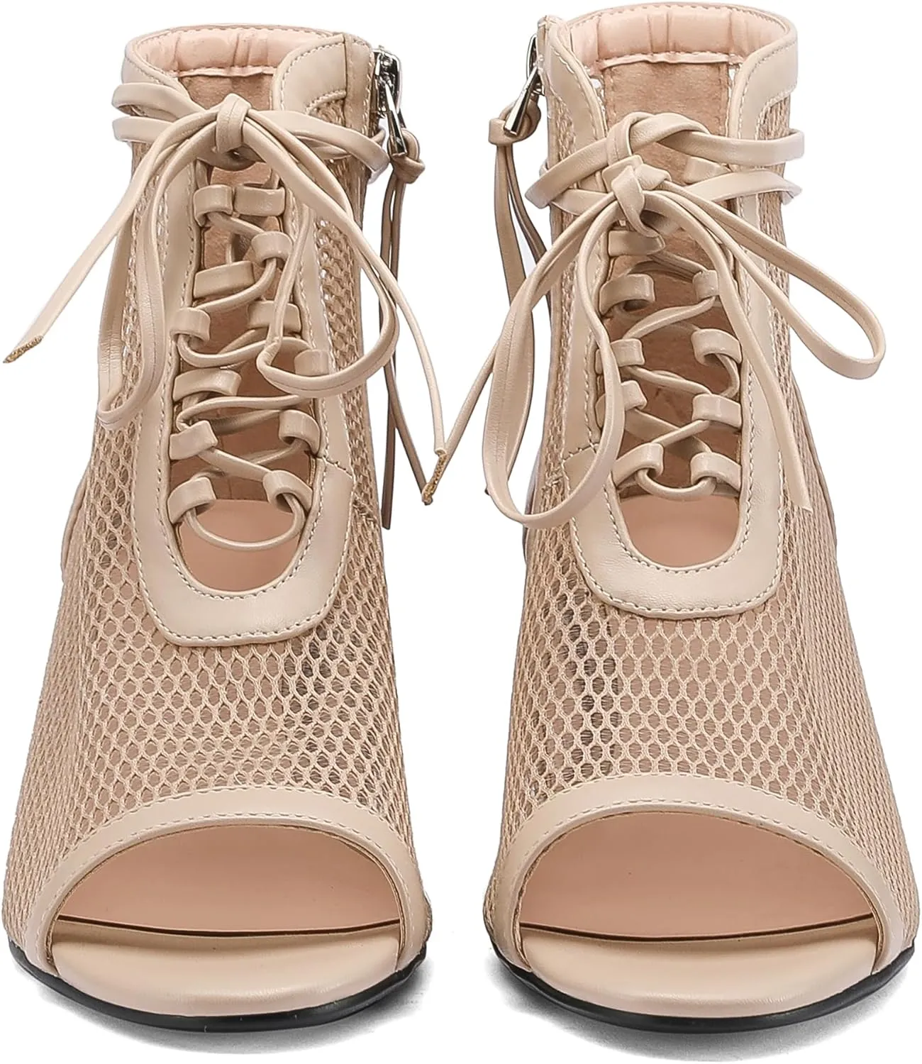 Women's Breathable Mesh Comfortable Open-Toe Booties - 2.5-Inch Block Heel, Side Zipper & Adjustable Lace-Up