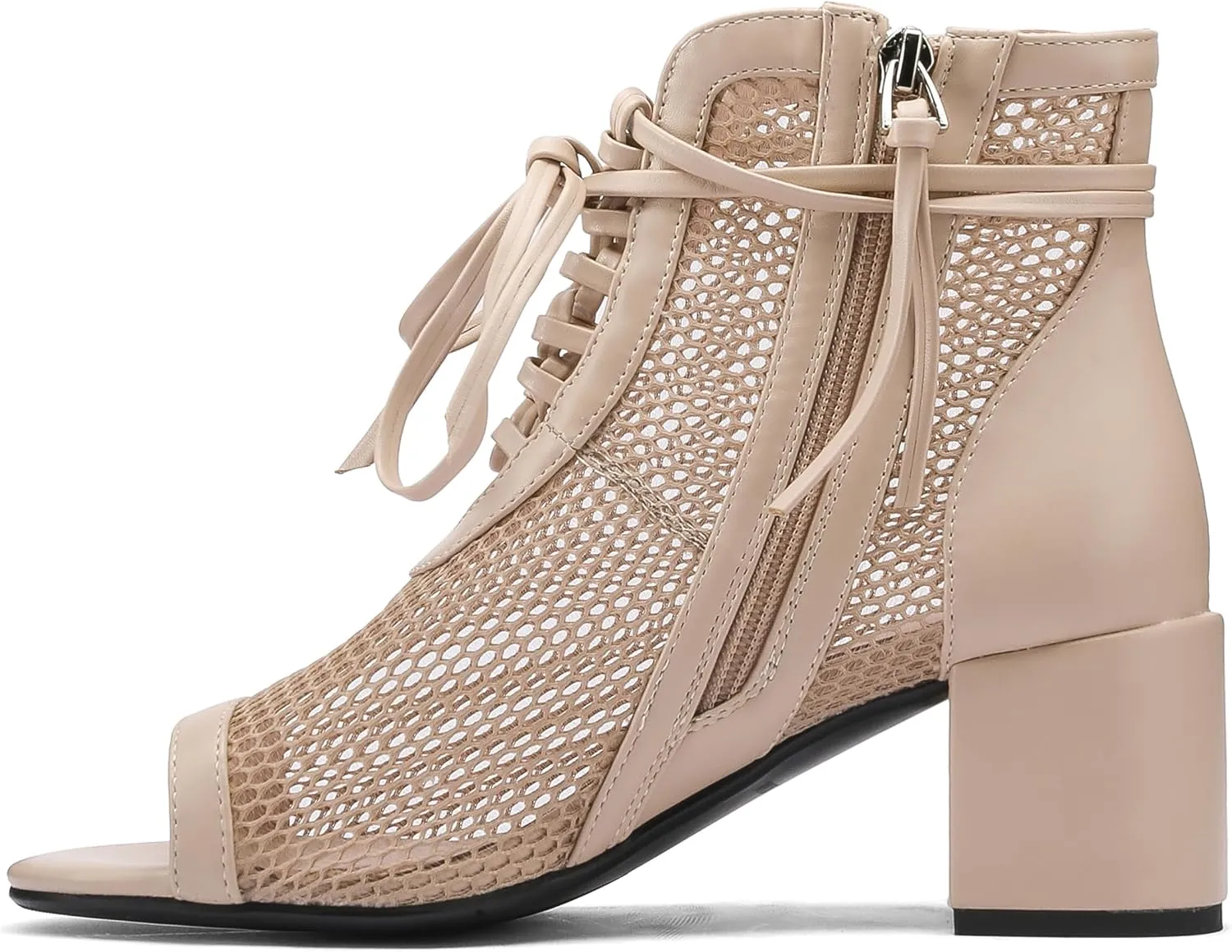Women's Breathable Mesh Comfortable Open-Toe Booties - 2.5-Inch Block Heel, Side Zipper & Adjustable Lace-Up