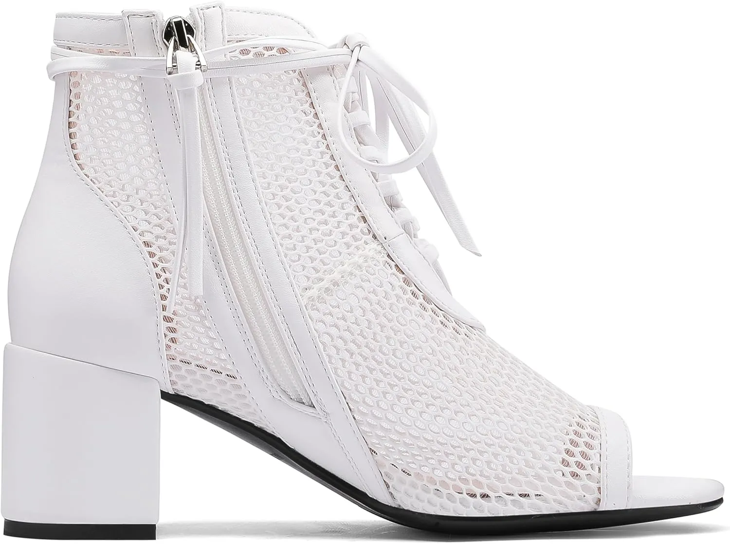 Women's Breathable Mesh Comfortable Open-Toe Booties - 2.5-Inch Block Heel, Side Zipper & Adjustable Lace-Up