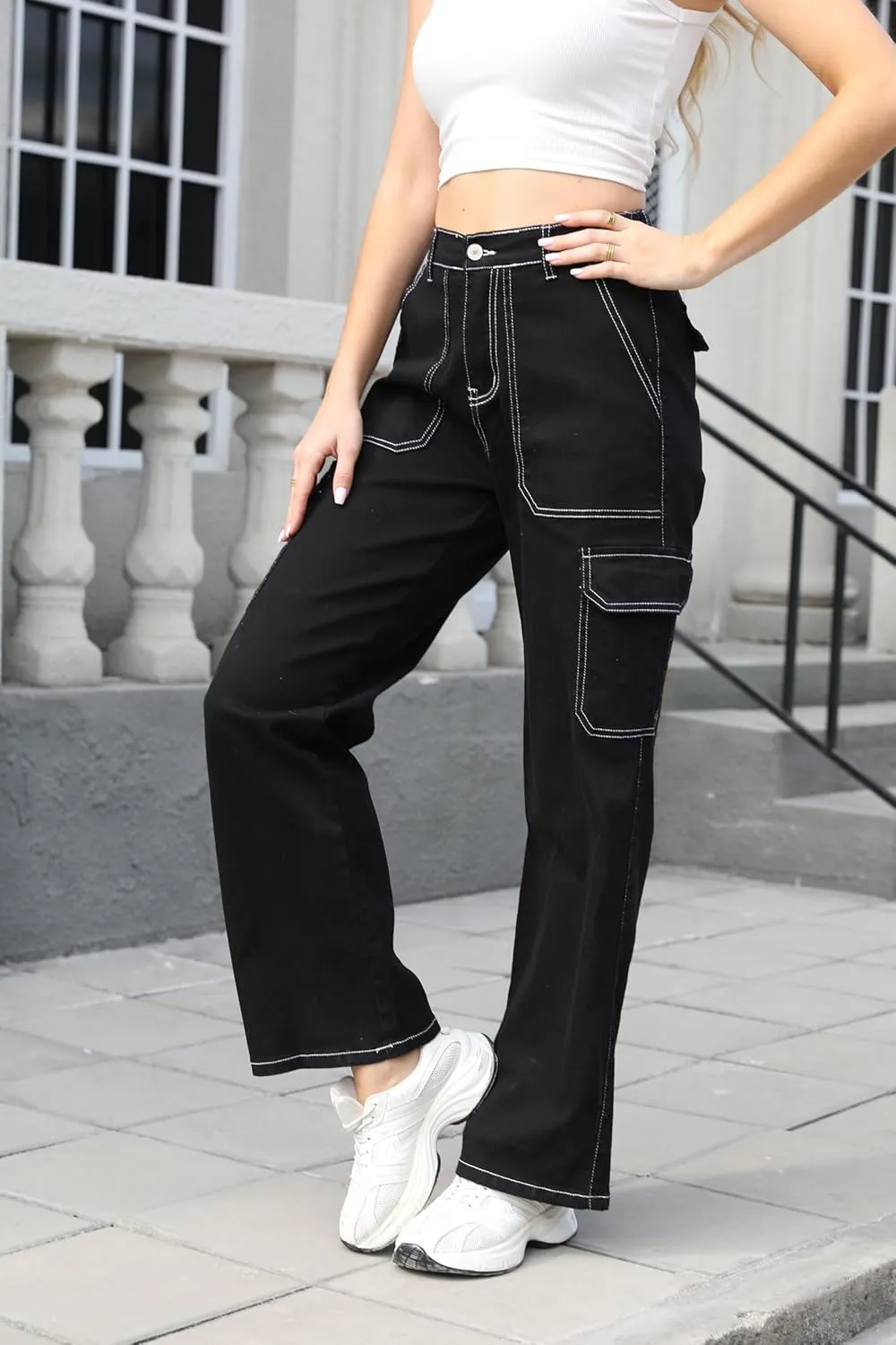 Womens Cargo Denim Jeans High Waisted Stretchy Flap Pocket Straight Leg Pants