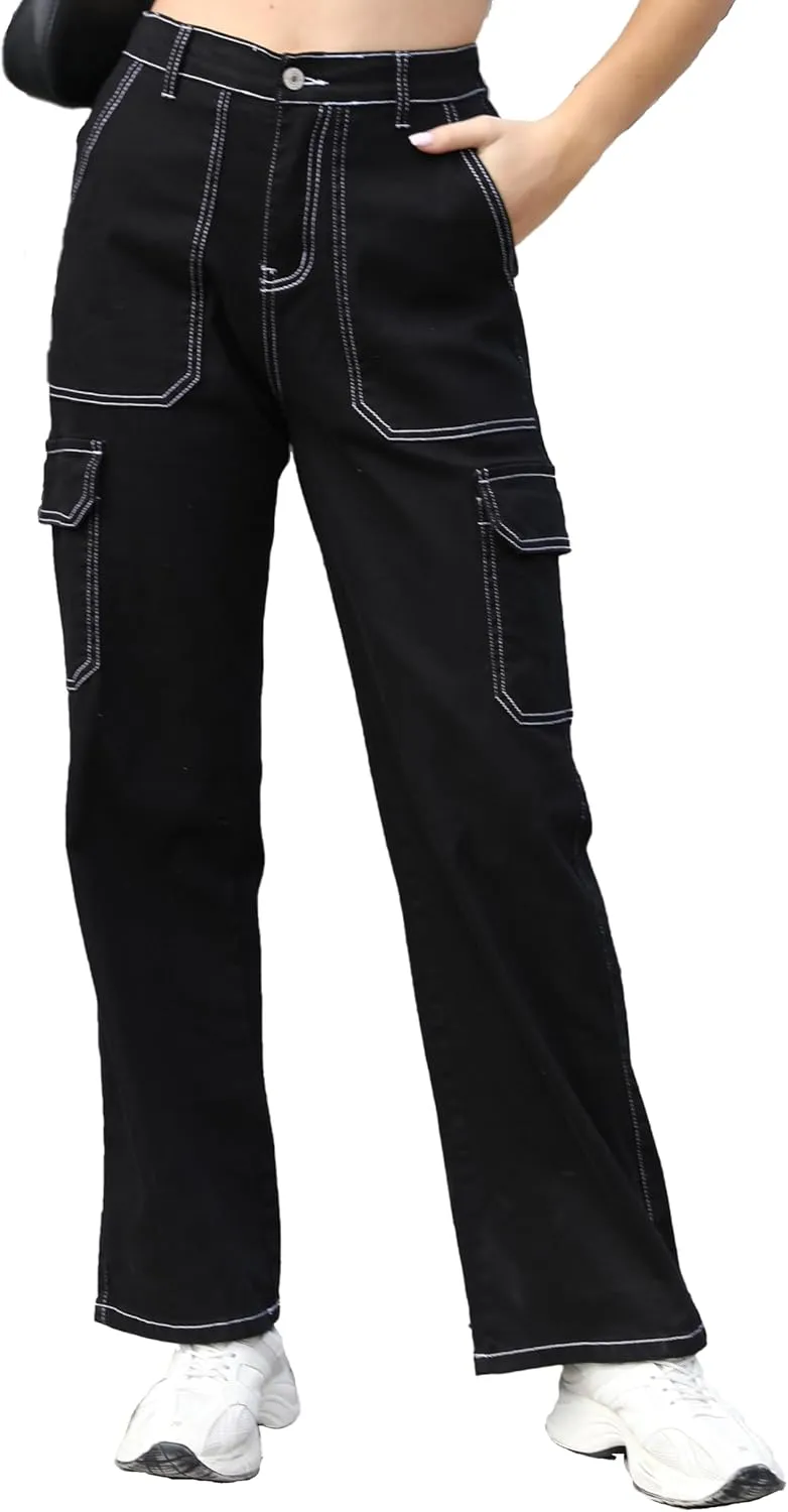 Womens Cargo Denim Jeans High Waisted Stretchy Flap Pocket Straight Leg Pants