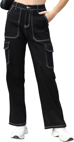 Womens Cargo Denim Jeans High Waisted Stretchy Flap Pocket Straight Leg Pants